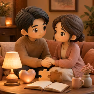 Q版黏土人偶夫妻相伴，呈現夫妻和合與婚姻關係修復的主題